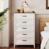 Lofka Farmhouse 5 Drawers Dresser for Bedroom, 45" Tall Wood Rustic Chest of Drawers with Wide Metal Handle, Natural Texture, Drawer Organizer for Bedroom, Living Room, White+Retro