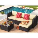 5 Piece Outdoor Patio Furniture Set, PE Rattan Wicker Sofa Set, Outdoor Sectional Furniture Chair Set with Cushions and Tea Table, Beige