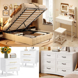 5 Pieces Bedroom Furniture Set, Includes Queen Lift Up Storage Bed, Nightstands Set of 2, Double Wide 6-Drawer Dresser and Vanity Table Set - White