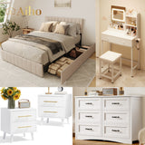5 Pieces Bedroom Furniture Set, Includes Queen Bed Frame with Drawers, Nightstands Set of 2, Double Wide 6-Drawer Dresser and Vanity Table Set - White