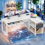 53 Inch Corner Desk Fabric Drawers & Storage Shelves for Small Space Home Office, L-Shaped Desk PC Desks with Charging Station, White