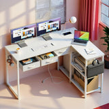 53 Inch Corner Desk, Lofka L-Shaped Gaming Desk with Drawers,Power Outlets & Storage Shelves for Small Space ,Home Office, White