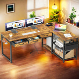 53 Inch L Shaped Desk with Power Outlets USB Charging, Office Computer Desk with Fabric Drawers & Storage Shelves for Home, Bedroom,Retro