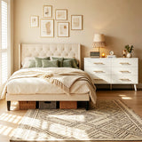 Lofka Bedroom Furniture Set, Beige Queen Size Bed Frame with Upholstered Platform & White 6 Drawer Dresser for Small Space, Bedroom, Studio