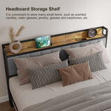 Full Bed Frame, Metal Bed Frame with Storage Headboard, Sturdy and Stable, All-Metal Support, Noise Free - Dark Gray Headboard