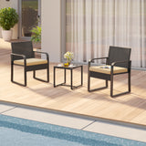 3 Piece Patio Bistro Set, Outdoor Chairs with Glass Table Rattan for Balcony, Patios, Grey Cushion