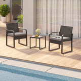 3 Piece Patio Bistro Set, Solid & Durable, Outdoor Chairs with Glass Table Rattan for Balcony, Patios, Grey Cushion