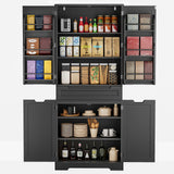 Noelse 64" Tall Kitchen Pantry Storage Cabinet with Doors and 10 Shelves, Noelse Wooden Food Storage Cabinet with Large Drawer for Dining Room and Craft Room, Black