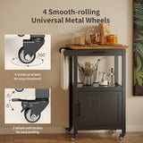 Noelse Rolling Kitchen Island with Storage and Rubber Wood Countertop, Microwaves Stand for Small Space, Black