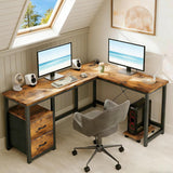 Asofer 66” L Shaped Desk with Drawers, Reversible Corner Computer Gaming Desk with Power Outlet, Rustic Brown