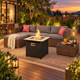 6 Piece Outdoor PE Wicker Patio Furniture Set with 30" Propane Fire Pit Table, Lofka Modular Sectional Sofa with Gray Cushions, All Weather Rattan Conversation Set for Backyard Garden Poolside
