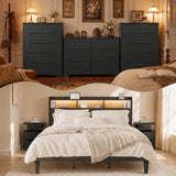 6 Pieces King Bedroom Furniture Sets - Includes One King Size Bed Frame , One 6 Drawer Dresser, Two Tall Dressers and Led Nightstands for Modern Home Furniture Decor