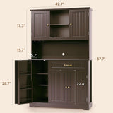 Asofer 67.7" Kitchen Pantry Cabinet with Door & Shelves, Sideboard Buffet Cabinet with Microwave Stand for Dining Room, Dark Brown