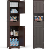 67" H Bathroom Storage Cabinet , Freestanding Linen Tower, Adjustable Shelves, Dark Brown