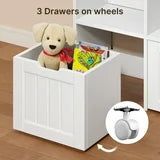 Noelse Toy Storage Cabinet and Kids Bookcase with 4 Movable Drawers and 8 Open Shelves Toy Chest Shelf Organizer with Hidden Wheels for Playroom Nursery Kids Room, White
