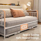 Daybed with Trundle, Twin Day Bed Frame with Storage Headboard and Charging Station, Sturdy Metal Sofa Bed with Pull-Out Trundle for Living Room, Bedroom and Guest Room - Beige