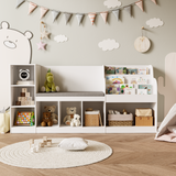Asofer 66” Kids Toy Organization Cubby Bookcase, 7-Cubbie Bench with Cushion for Children Room Playroom