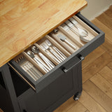 Noelse Rolling Kitchen Island with Storage and Rubber Wood Countertop, Microwaves Stand for Small Space, Black