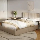 Asofer Full Bed Frames with 4 Storage Drawers on Wheels, Headboard Adjustable, Wood Slats, Beige