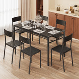 7-Piece Dining Table Set for 6, Lofka 55.1" Kitchen Table with 6 Chairs & Under Table Storage Shelf, Wood Grain Tabletop with Metal Frame, Black