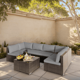 7 Pieces Patio Furniture Set with Square Tempered Glass Table and Rattan Sofa Set for Outdoor, Garden & Backyard in Gray