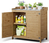 Outdoor Storage Cabinet & Potting Bench Table with Metal Top, Wooden Patio Furniture, Garden Workstation - Natural