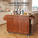 Kitchen Island with Storage, Mobile Kitchen Island Side Table on Wheels with Rubber Wood Drop-leaf Countertop , Side Rack and Drawer and for Kitchen,Dining Room - Brown