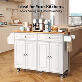 Kitchen Island with Storage, Mobile Kitchen Island Side Table on Wheels with Rubber Wood Drop-leaf Countertop , Side Rack and Drawer and for Kitchen,Dining Room - White