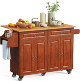 Kitchen Island with Storage, Mobile Kitchen Island Side Table on Wheels with Rubber Wood Drop-leaf Countertop , Side Rack and Drawer and for Kitchen,Dining Room - Brown