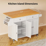 Kitchen Island with Storage, Mobile Kitchen Island Side Table on Wheels with Rubber Wood Drop-leaf Countertop , Side Rack and Drawer and for Kitchen,Dining Room - White
