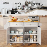 Kitchen Island with Storage, Mobile Kitchen Island Side Table on Wheels with Rubber Wood Drop-leaf Countertop , Side Rack and Drawer and for Kitchen,Dining Room - White