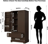63-Inch Dark Brown Pantry Cabinet, Moisture-Proof & Anti-Tip with Drawers and Barn Doors for Spacious Storage