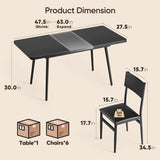 Noelse 63" Dining Table Set for 4-6 People, 7-Piece Extendable Kitchen Table Set with 6 Padded Chairs, Modern Dining Room Set for Small Space, Black