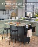 Kitchen Island with Storage, Mobile Kitchen Island Side Table on Wheels with Rubber Wood Drop-leaf Countertop , Side Rack and Drawer and for Kitchen,Dining Room - Black