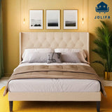Jolifa Queen Bed Frame, Upholstered Headboard with Solid Wood Slats & Platform, Beige
