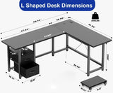 Asofer 66” L Shaped Desk with Drawers, Reversible Corner Computer Gaming Desk with Power Outlet,Black