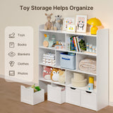 Noelse Toy Storage Cabinet and Kids Bookcase with 4 Movable Drawers and 8 Open Shelves Toy Chest Shelf Organizer with Hidden Wheels for Playroom Nursery Kids Room, White