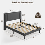 Asofer Full Bed Frame w/Upholstered Wingback, Wood Slats, Charging Station & LED Lights, Dark Gray