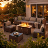8 Piece Outdoor Patio Furniture Set with 45" 50000 BTU Propane Fire Pit Table, CSA Certified All-Weather PE Wicker Modular Sectional Sofa with Water-Repellent Cushions for Backyard Deck Porch