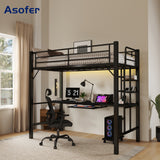 Asofer Metal Loft Bed Twin Size, Bunk Bed with Desk, Charging Station, LED Lights and CPU Station, 13" H Safety Guardrail, Black