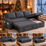 80" Lofka L-Shaped Sleeper Sofa Bed, Pull-Out Linen Couch with Reversible Chaise Gray Sofa with Side Pockets
