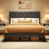 Noelse Full Size Bed Frame with Upholstered Headboard, Bed Frame with Solid Wooden Slats, Under Bed Storage, No Box Spring Needed, Noise-Free, Gray