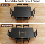 Noelse 63" Dining Table Set for 4-6 People, 7-Piece Extendable Kitchen Table Set with 6 Padded Chairs, Modern Dining Room Set for Small Space, Black