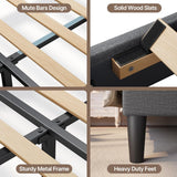 Noelse Full Size Bed Frame with Upholstered Headboard, Bed Frame with Solid Wooden Slats, Under Bed Storage, No Box Spring Needed, Noise-Free, Gray