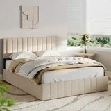 Asofer Full Bed Frames with 4 Storage Drawers on Wheels, Headboard Adjustable, Wood Slats, Beige