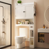 Noelse Over the Toilet Storage Cabinet, Over Toilet Bathroom Organizer with 2 Doors, Adjustable Shelves, Toilet Paper Holder, 2 Side Hooks, Space-Saver for Bathroom, Laundry, White