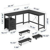 Asofer L-shaped Computer Desk, 66-inch Spacious Desk, Gaming Desk with Monitor Stands, Suitable for Study and Living Room, Black