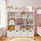 Noelse Toy Storage Cabinet and Kids Bookcase with 4 Movable Drawers and 8 Open Shelves Toy Chest Shelf Organizer with Hidden Wheels for Playroom Nursery Kids Room, White