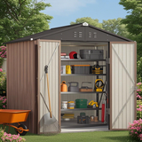 8x6 ft Outdoor Storage Shed on Sale, Sheds & Outdoor Storage with Lockable Doors, Metal Garden Shed by Durable Galvanized Steel for Patio, Lawn - Light Brown