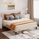Full Bed Frame with 4 Storage Drawers and 2-Tier Headboard - Beige